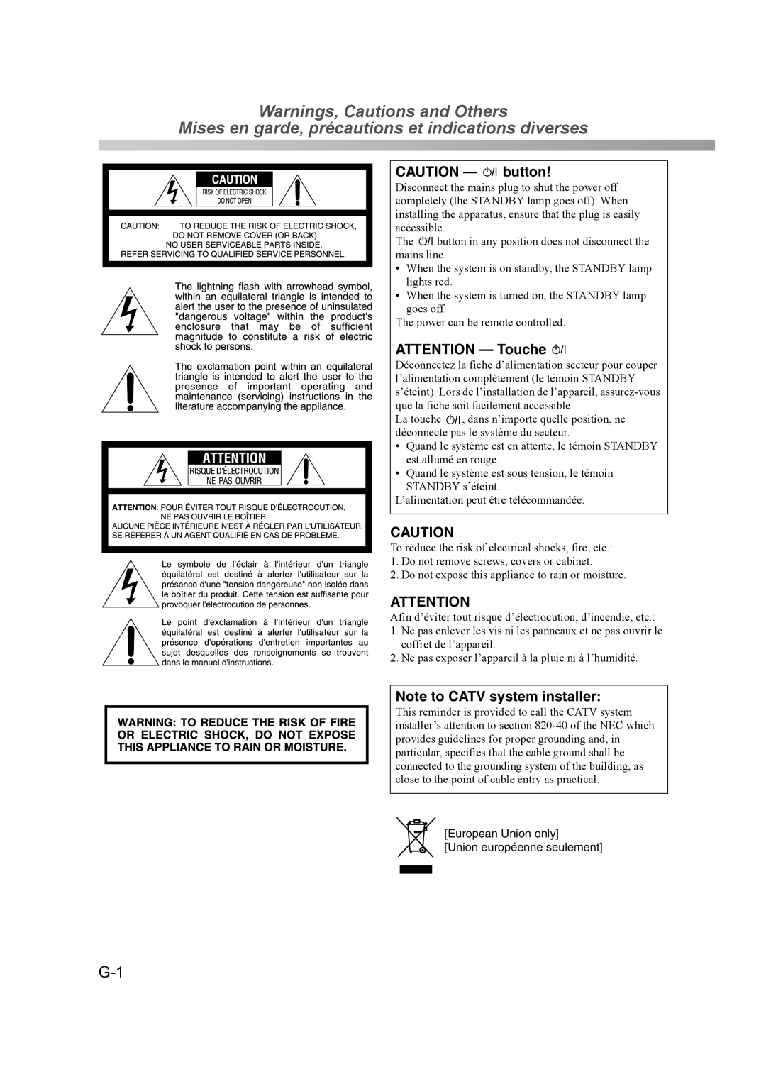 JVC THD60 manual Mises en garde, précautions et indications diverses, European Union only Union européenne seulement 