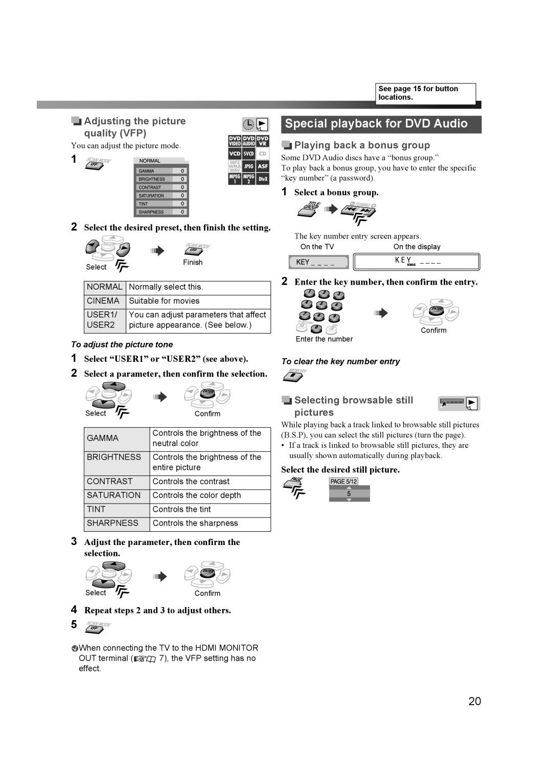 JVC THD60 manual Special playback for DVD Audio, Adjusting the picture quality VFP, Playing back a bonus group 