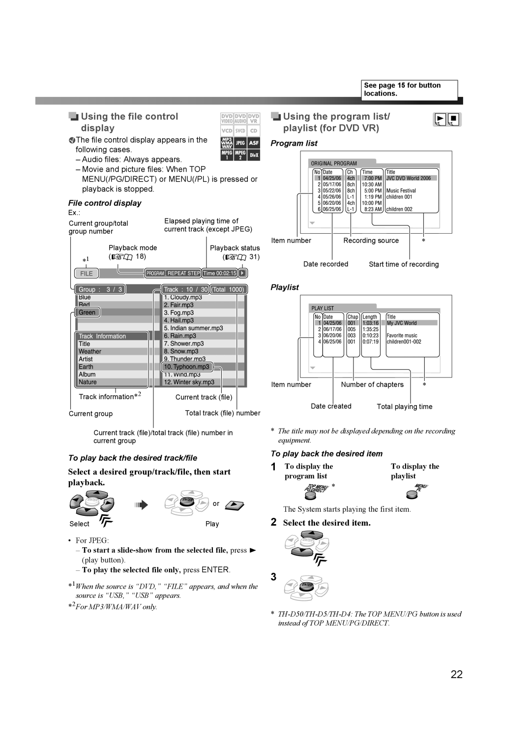 JVC THD60 manual Using the file control display, Using the program list/ playlist for DVD VR, Select the desired item 