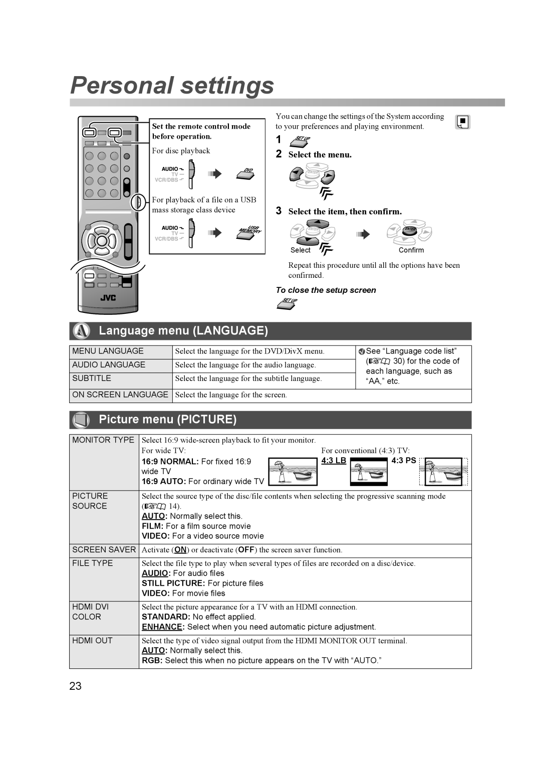 JVC THD60 Personal settings, Language menu Language, Picture menu Picture, Select the menu Select the item, then confirm 