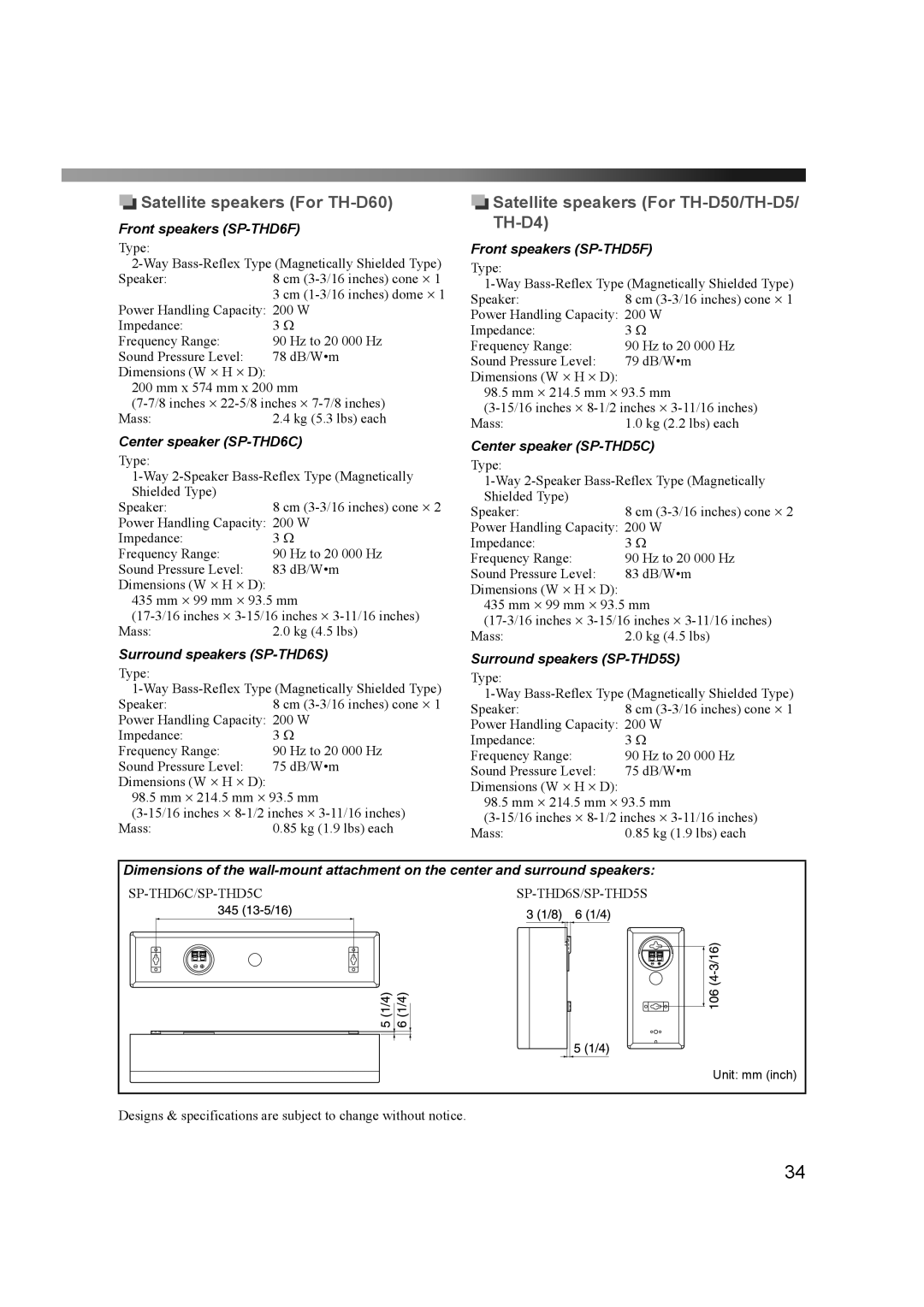 JVC THD60 manual Satellite speakers For TH-D60, Satellite speakers For TH-D50/TH-D5/ TH-D4 