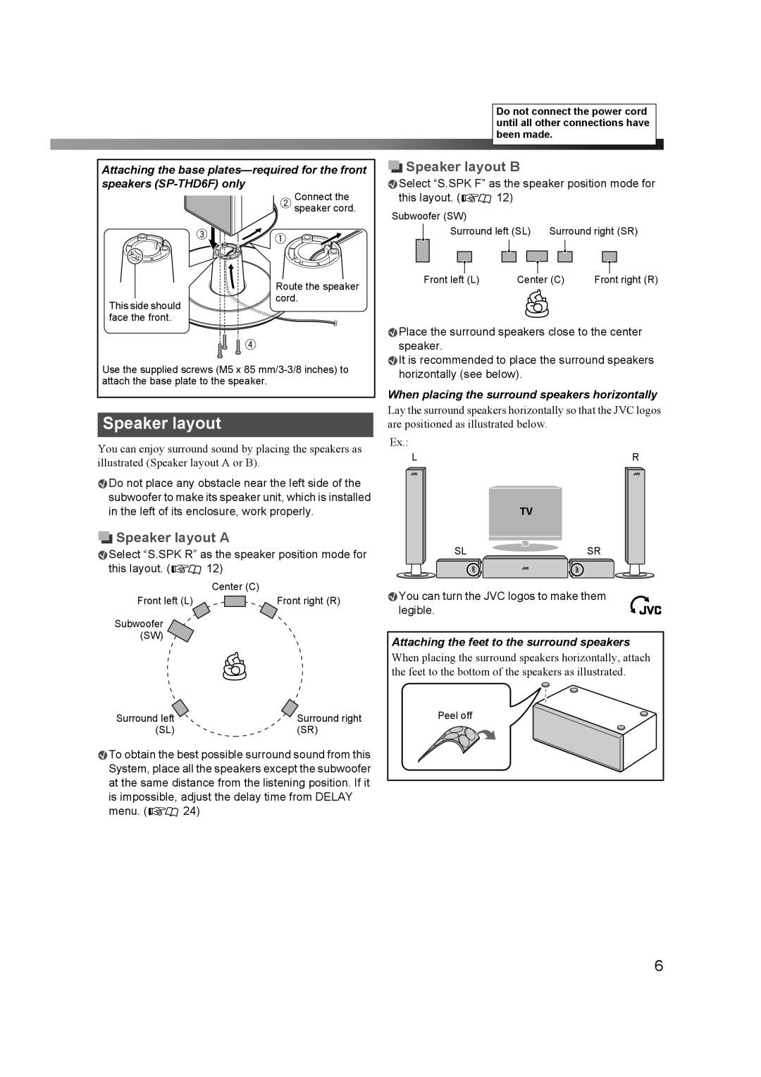 JVC THD60 manual Speaker layout B, When placing the surround speakers horizontally 