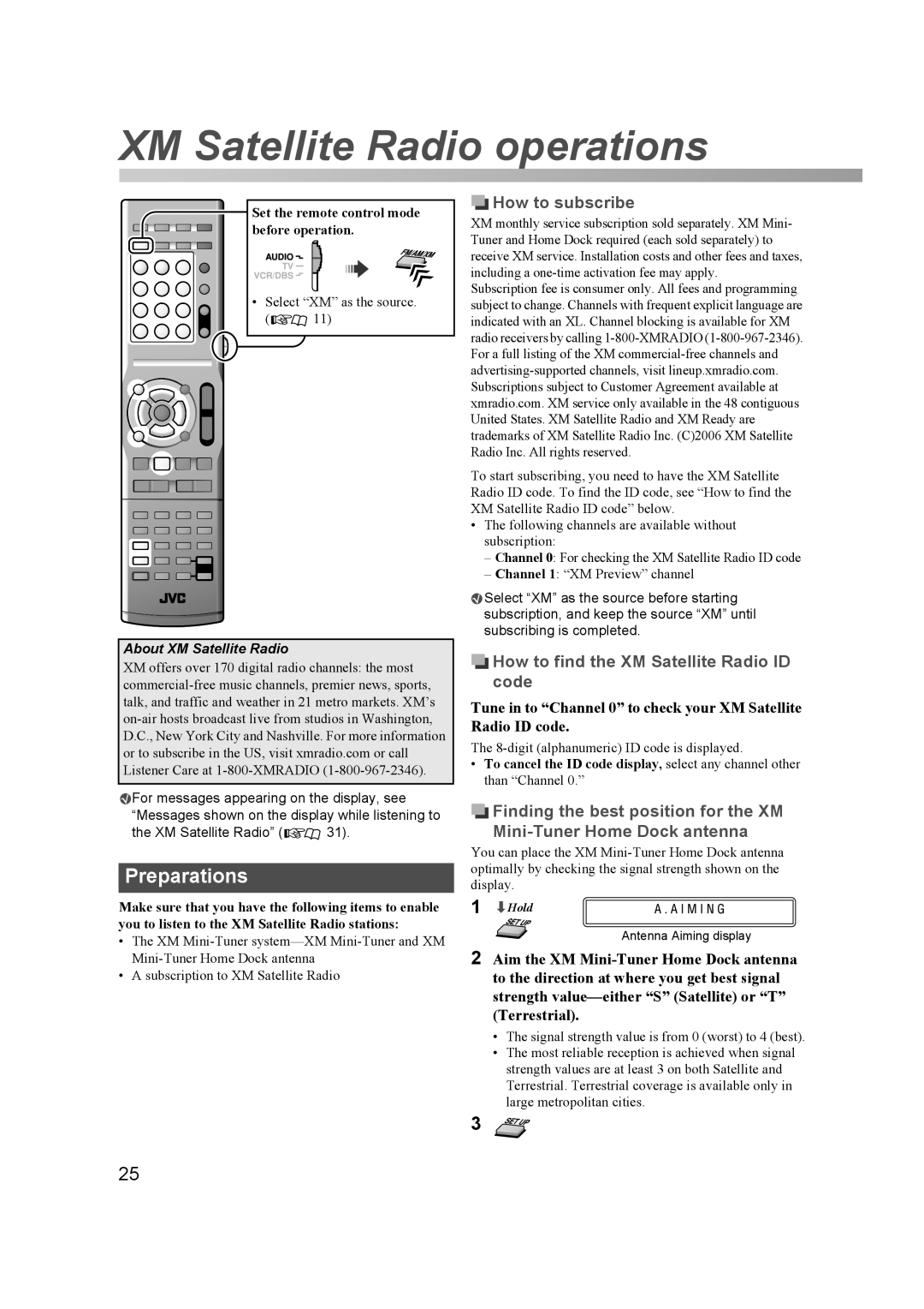 JVC THD60 manual XM Satellite Radio operations 