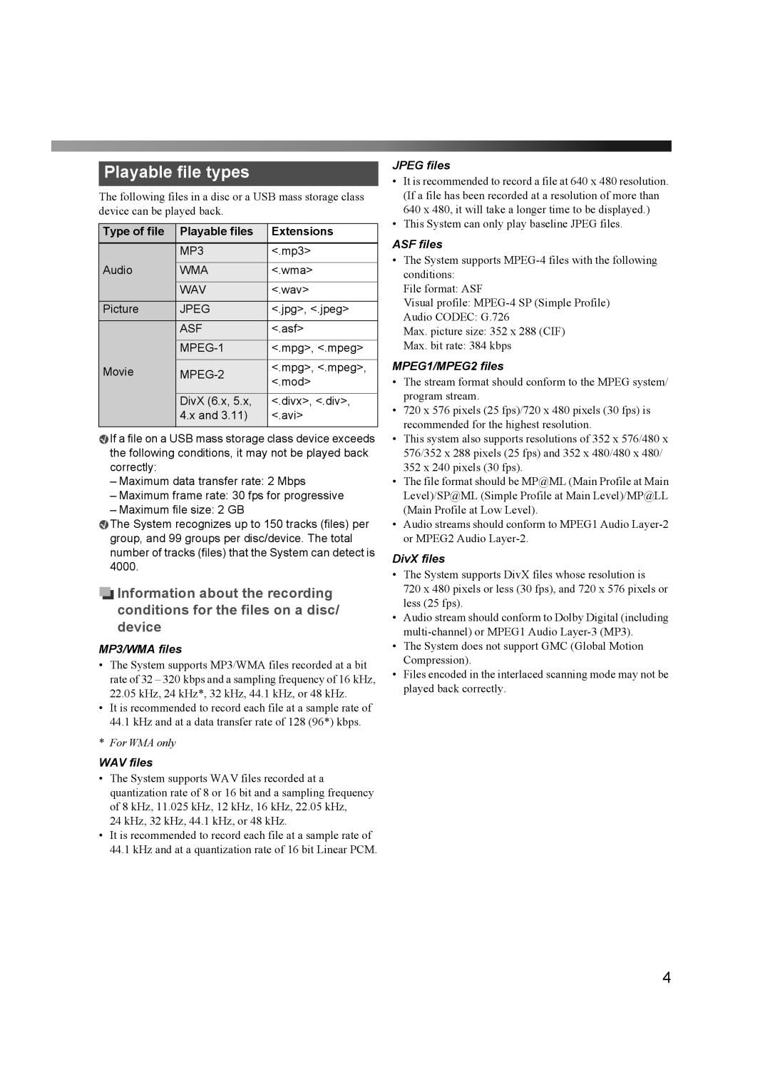 JVC THD60 manual Playable file types 