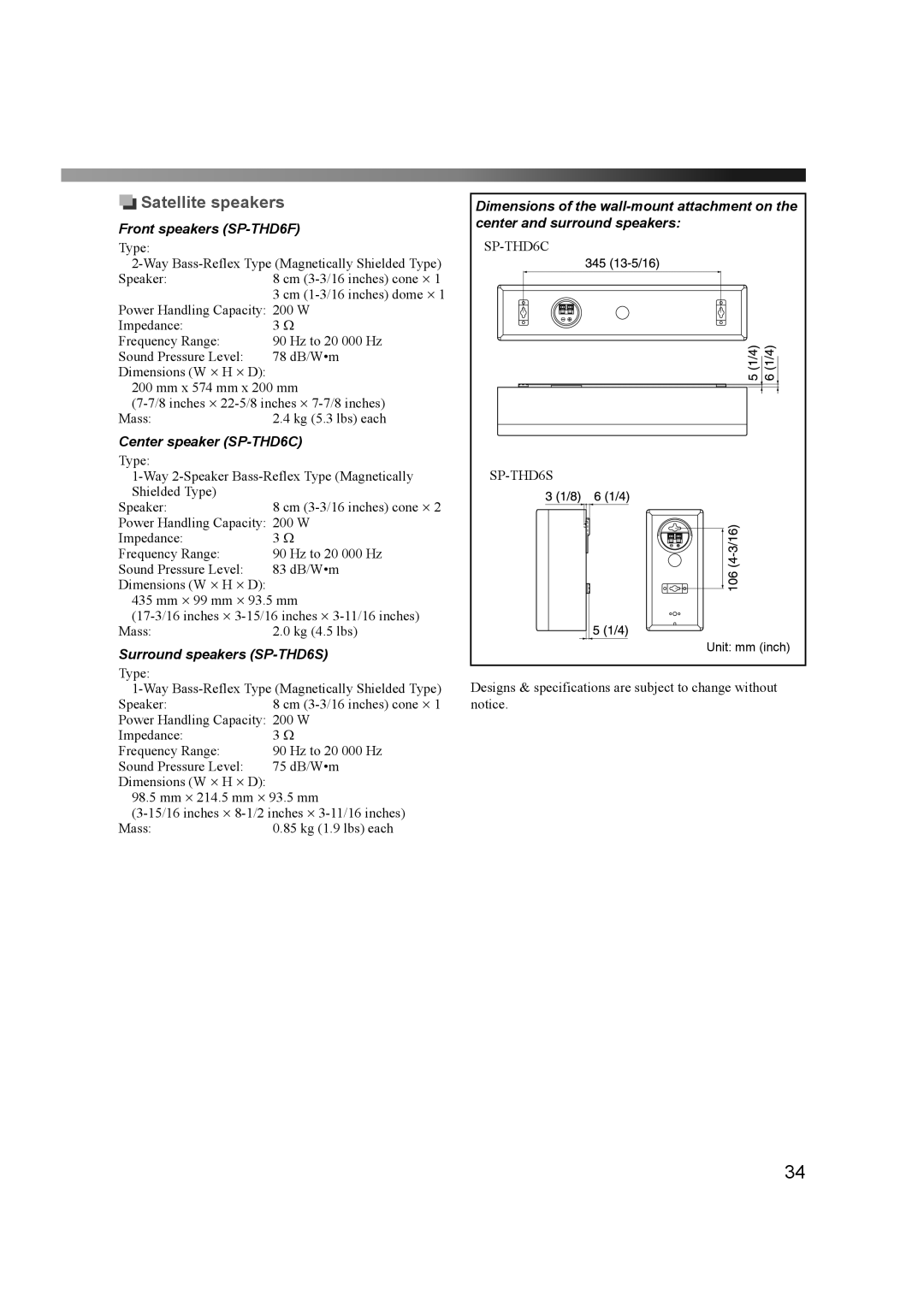 JVC THD60 manual Satellite speakers, Front speakers SP-THD6F 