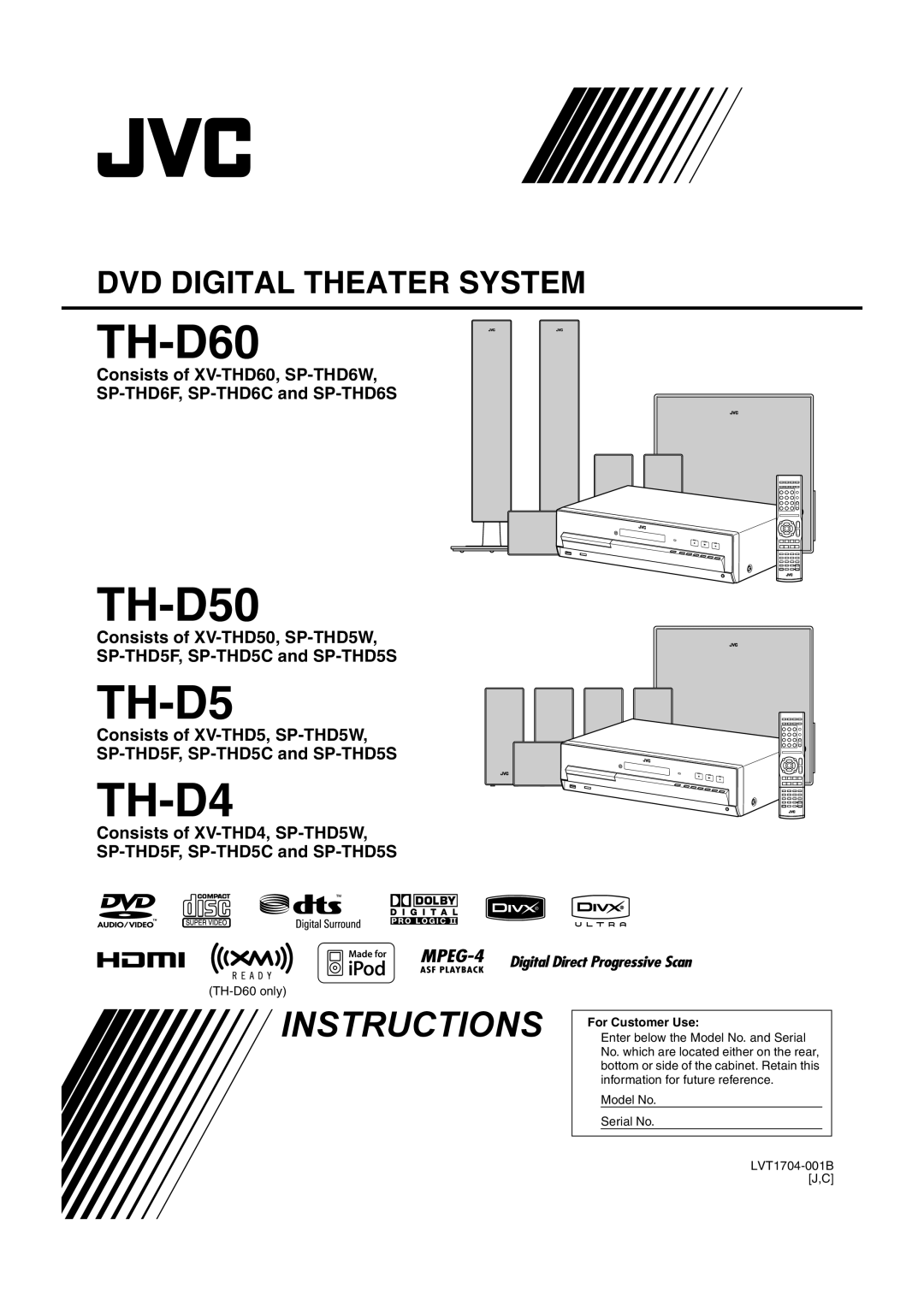 JVC THD60 manual TH-D60, TH-D50, TH-D4, Instructions, Dvd Digital Theater System 