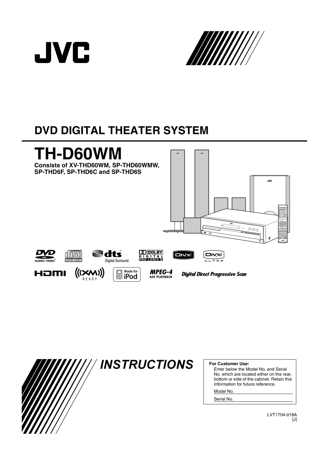 JVC THD60 manual TH-D60WM, Instructions, Dvd Digital Theater System, Enter below the Model No. and Serial, For Customer Use 