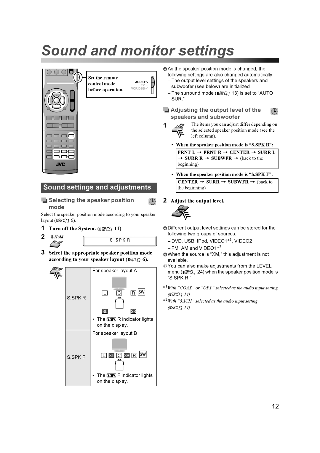 JVC THD60 manual Sound and monitor settings, Sound settings and adjustments, Selecting the speaker position mode 