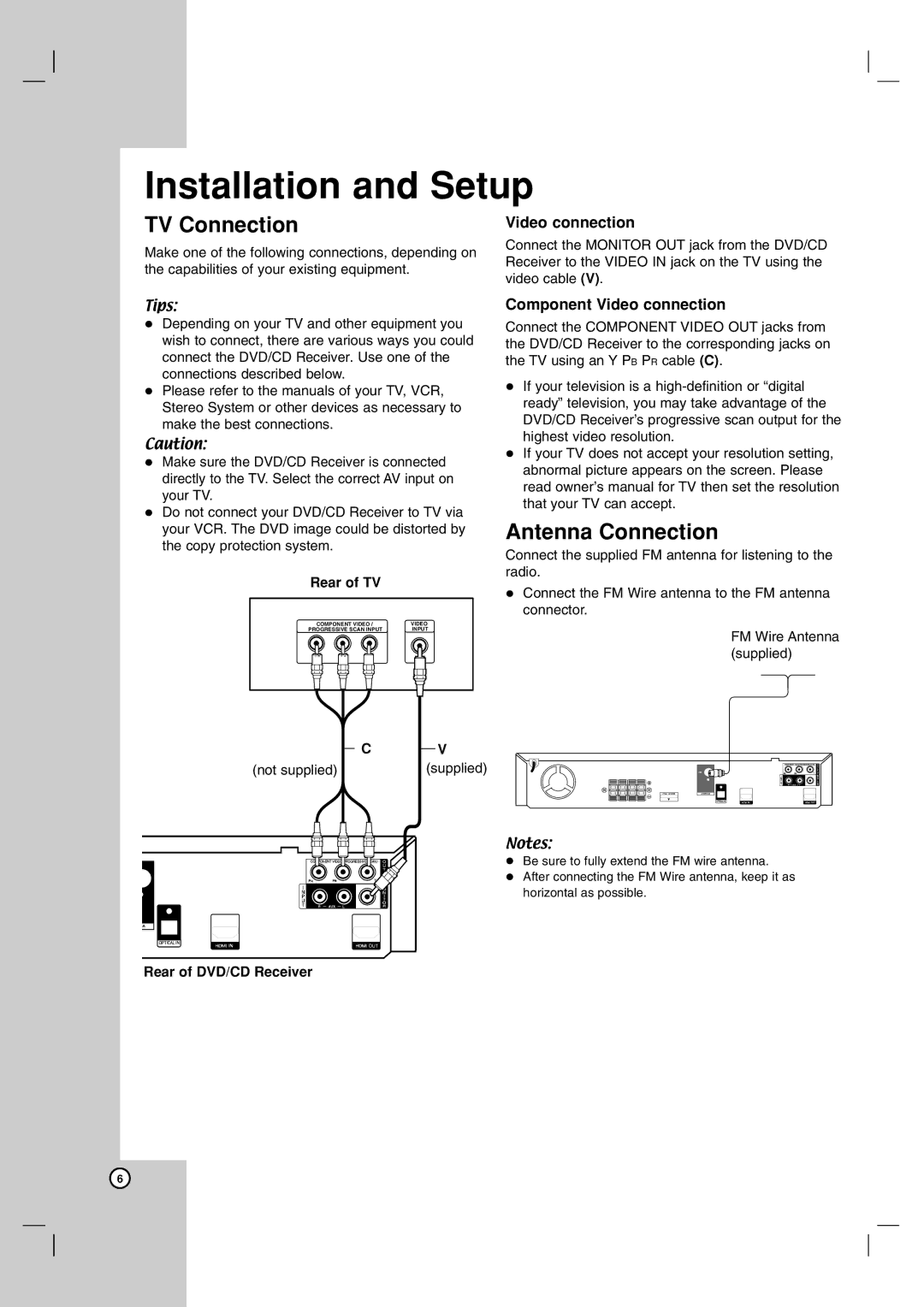 JVC THG51, TH-G51 manual TV Connection, Antenna Connection, Component Video connection 