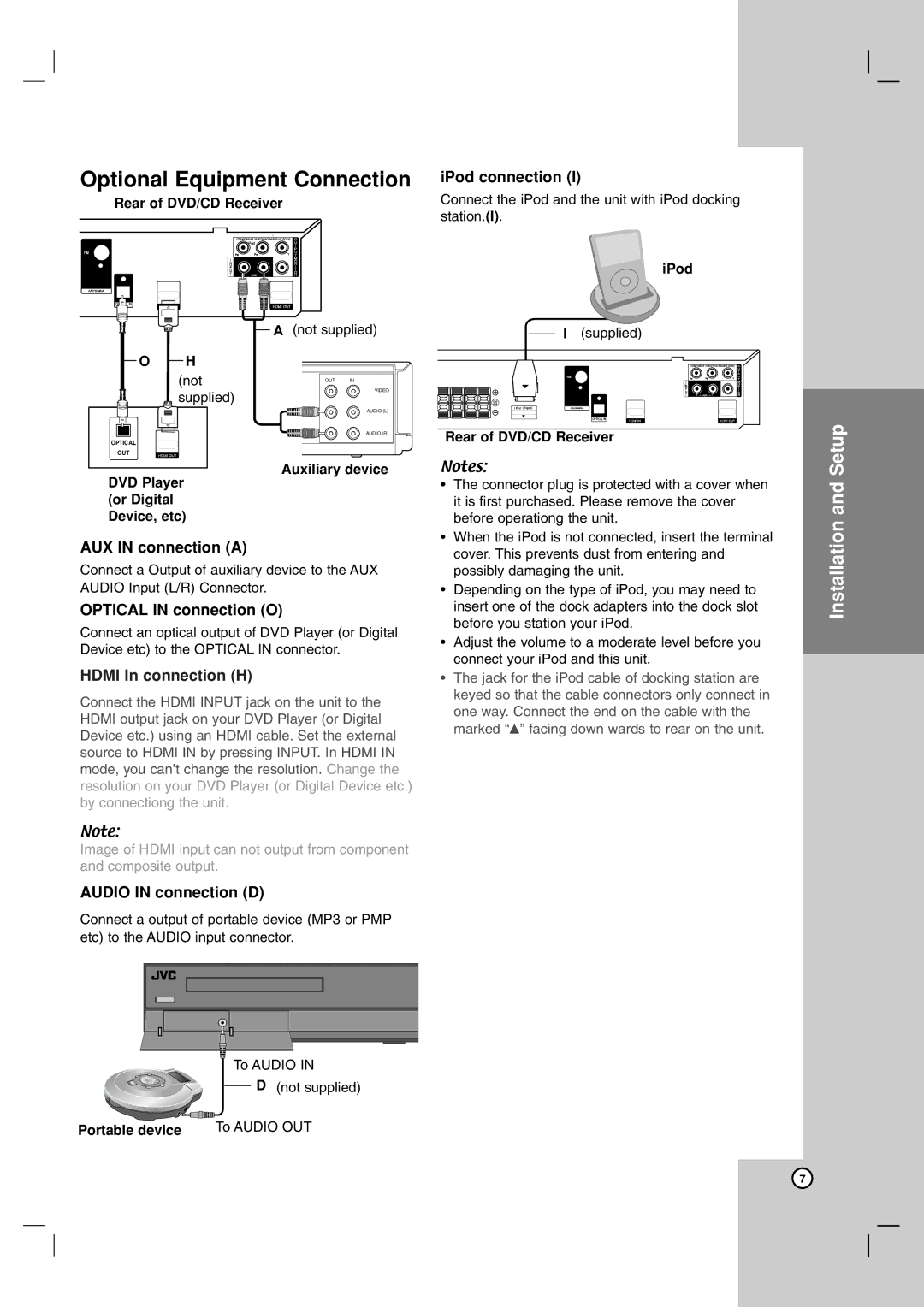 JVC TH-G51, THG51 manual Optional Equipment Connection, AUX in connection a, Optical in connection O, Audio in connection D 