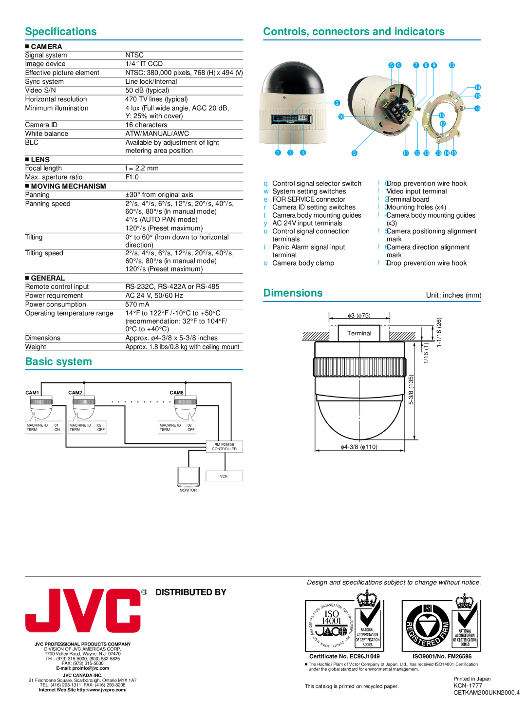 JVC TK-AM200U manual Specifications 