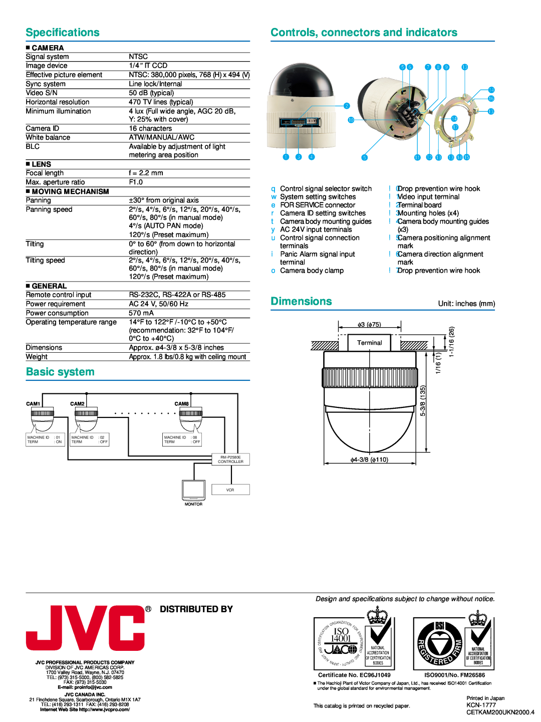 JVC TK-AM200U Specifications, Controls, connectors and indicators, Dimensions, Basic system, R Distributed By,  Camera 