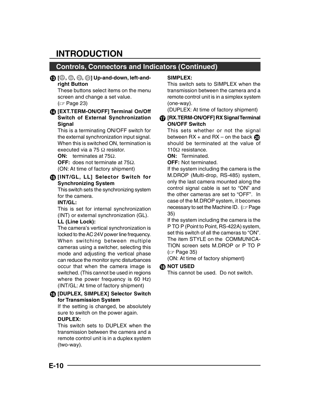 JVC TK-C1430 manual 13 , , , Up-and-down, left-and- right Button, 15 INT/GL, LL Selector Switch for Synchronizing System 