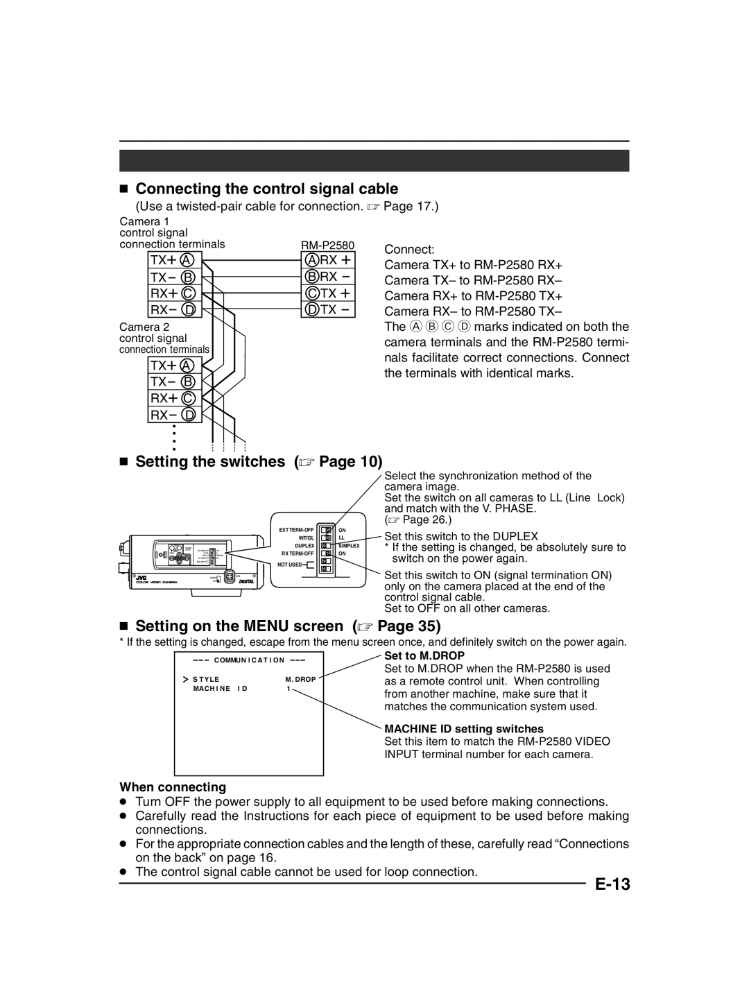 JVC TK-C1430 manual  Connecting the control signal cable,  Setting the switches ,  Setting on the Menu screen  