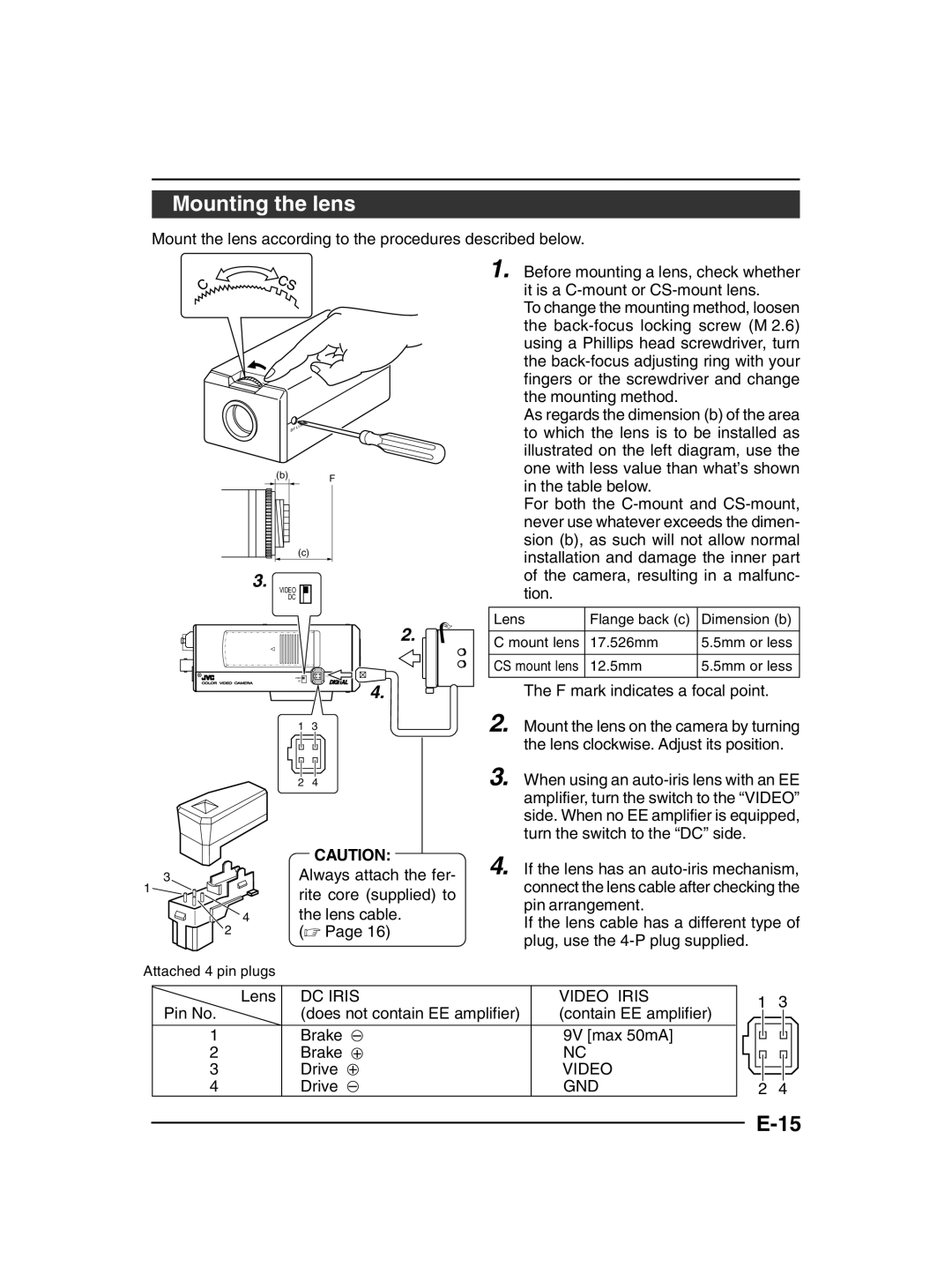 JVC TK-C1430 manual Mounting the lens, Mount the lens according to the procedures described below, DC Iris Video Iris, Gnd 