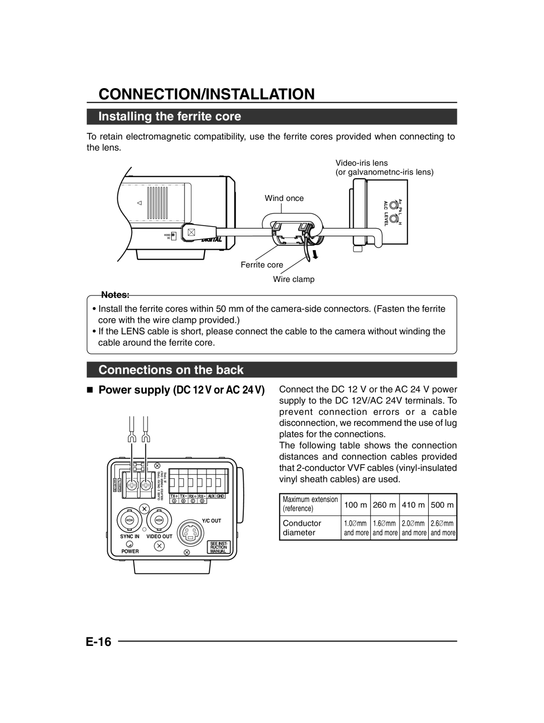 JVC TK-C1430 manual Installing the ferrite core, Connections on the back 