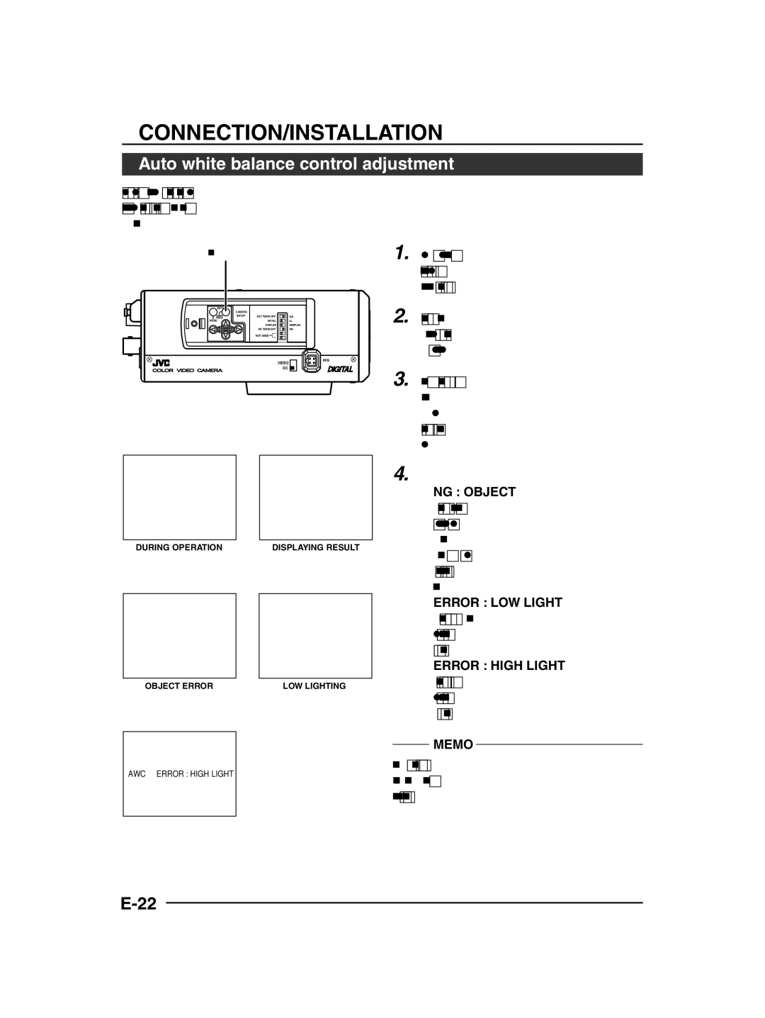 JVC TK-C1430 manual Auto white balance control adjustment, Error message display 