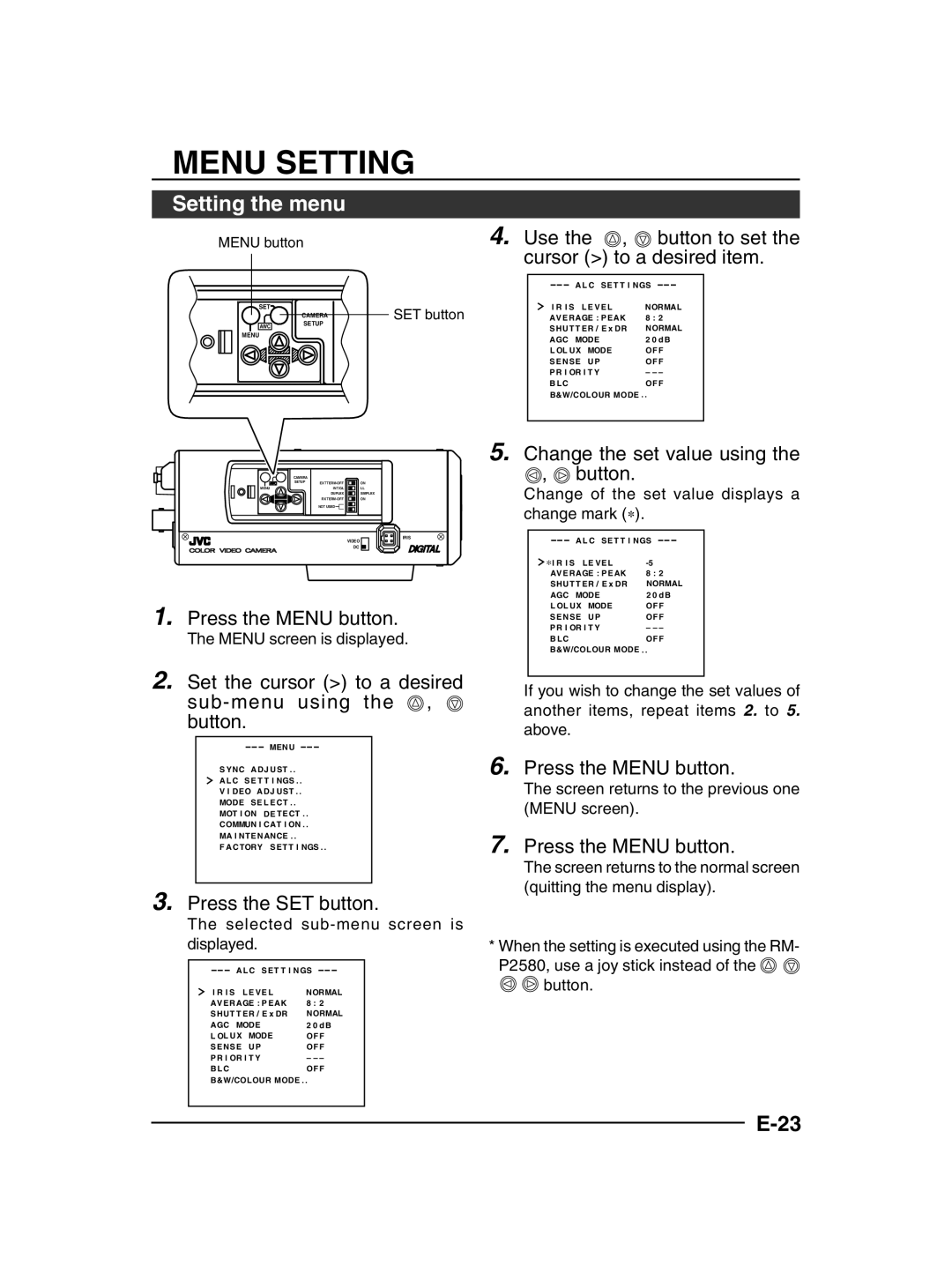 JVC TK-C1430 manual Setting the menu, Menu screen is displayed, Selected sub-menu screen is displayed 