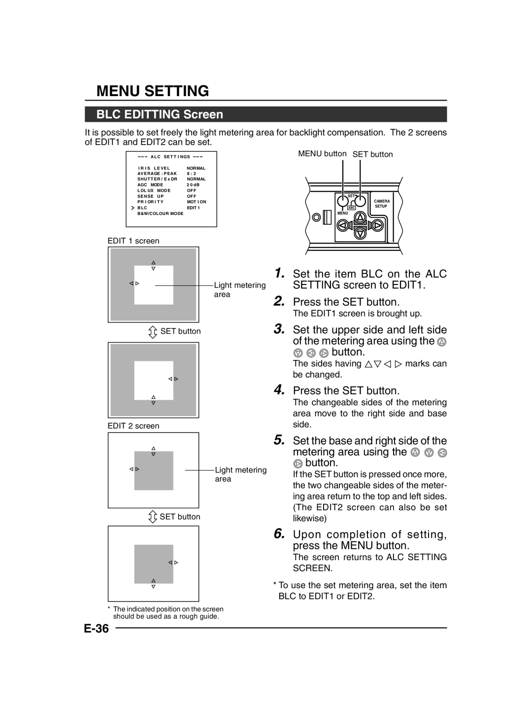 JVC TK-C1430 manual BLC Editting Screen, EDIT1 screen is brought up, Sides having marks can be changed 