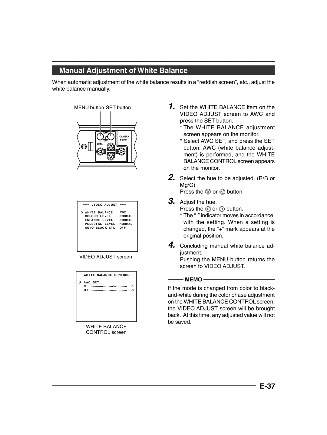 JVC TK-C1430 manual Manual Adjustment of White Balance 