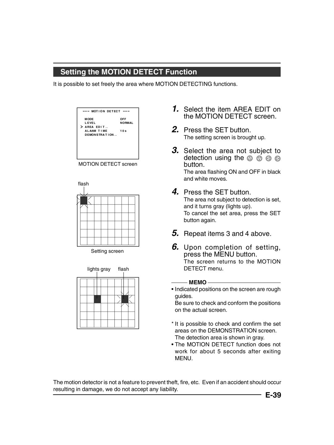 JVC TK-C1430 Setting the Motion Detect Function, Select the item Area Edit on, Motion Detect screen, Press the SET button 