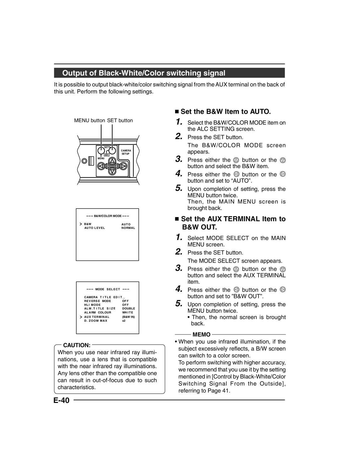 JVC TK-C1430 manual Output of Black-White/Color switching signal, Set the B&W Item to Auto 