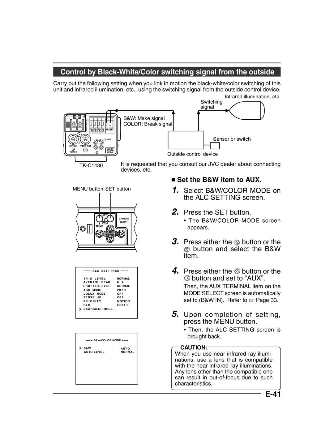 JVC TK-C1430 manual Set the B&W item to AUX, B&W/COLOR Mode screen appears 