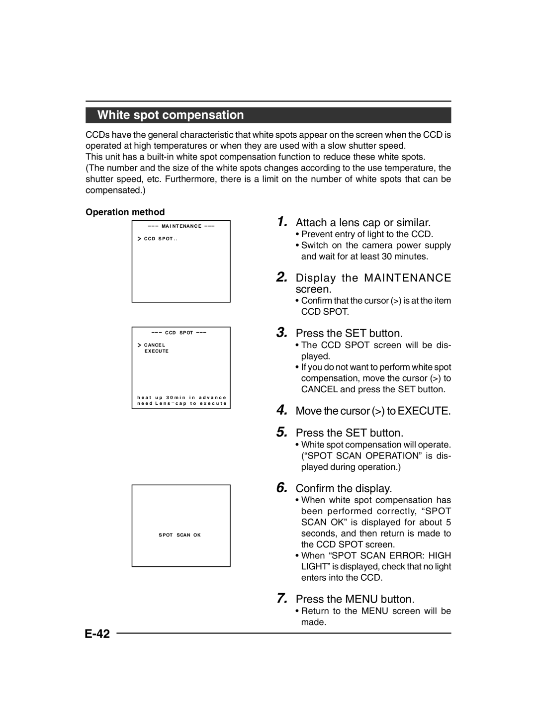 JVC TK-C1430 manual White spot compensation, Operation method, Confirm that the cursor is at the item 