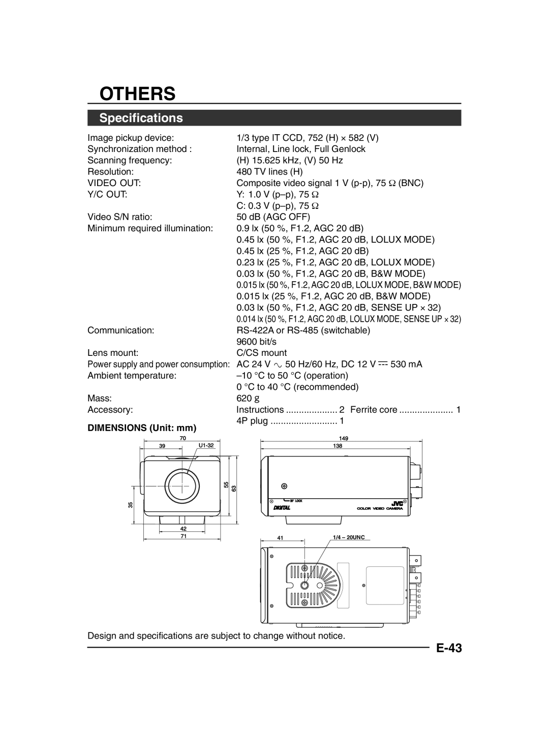 JVC TK-C1430 manual Specifications, Video OUT, Out, Dimensions Unit mm 