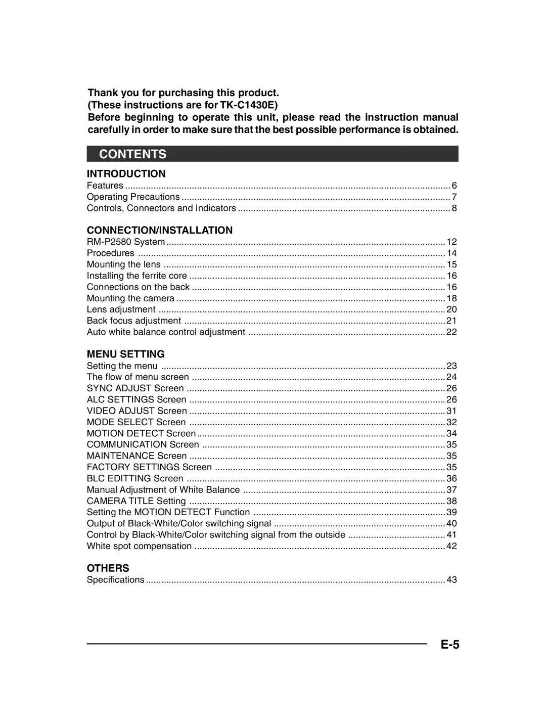 JVC TK-C1430 manual Contents 