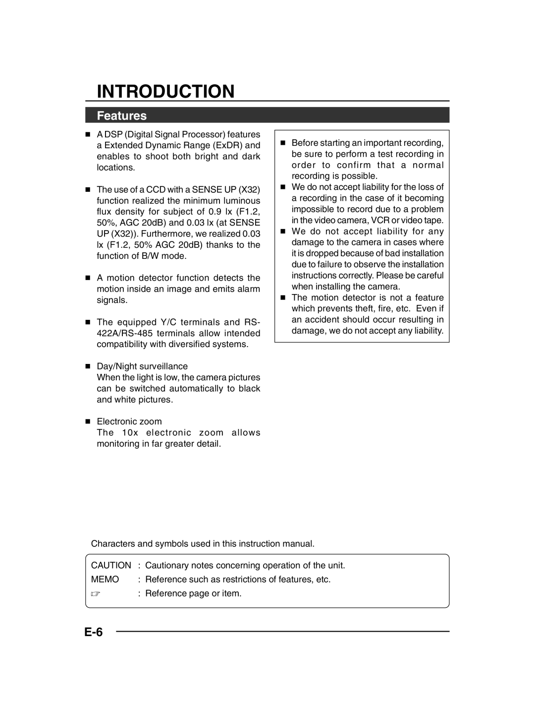 JVC TK-C1430 manual Features, Memo, Reference page or item 