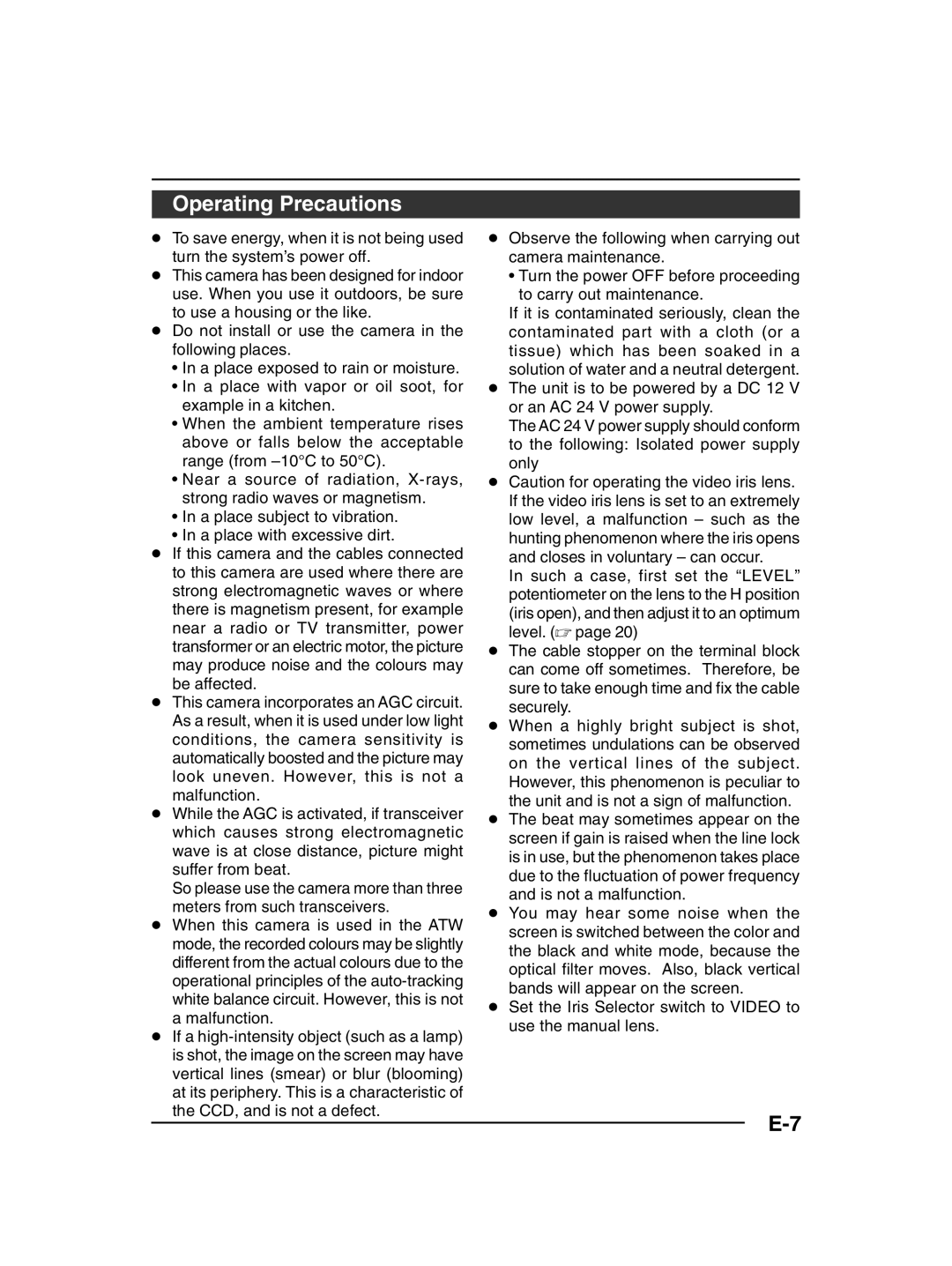 JVC TK-C1430 manual Operating Precautions 