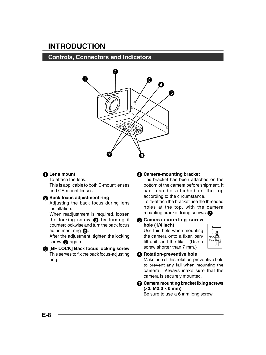 JVC TK-C1430 manual Controls, Connectors and Indicators, Lens mount, Camera-mounting screw Hole 1/4 inch 