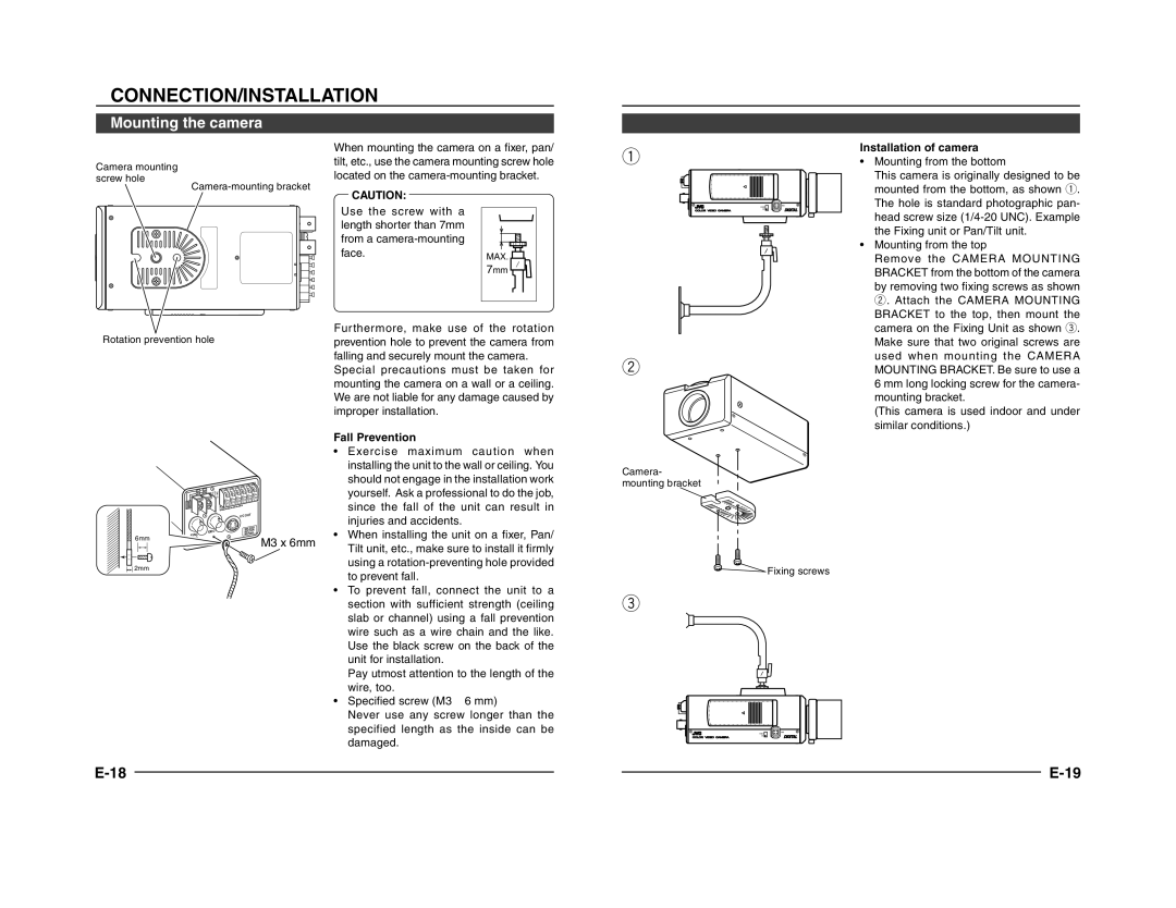 JVC TK-C1431 manual Mounting the camera, Installation of camera, Fall Prevention 