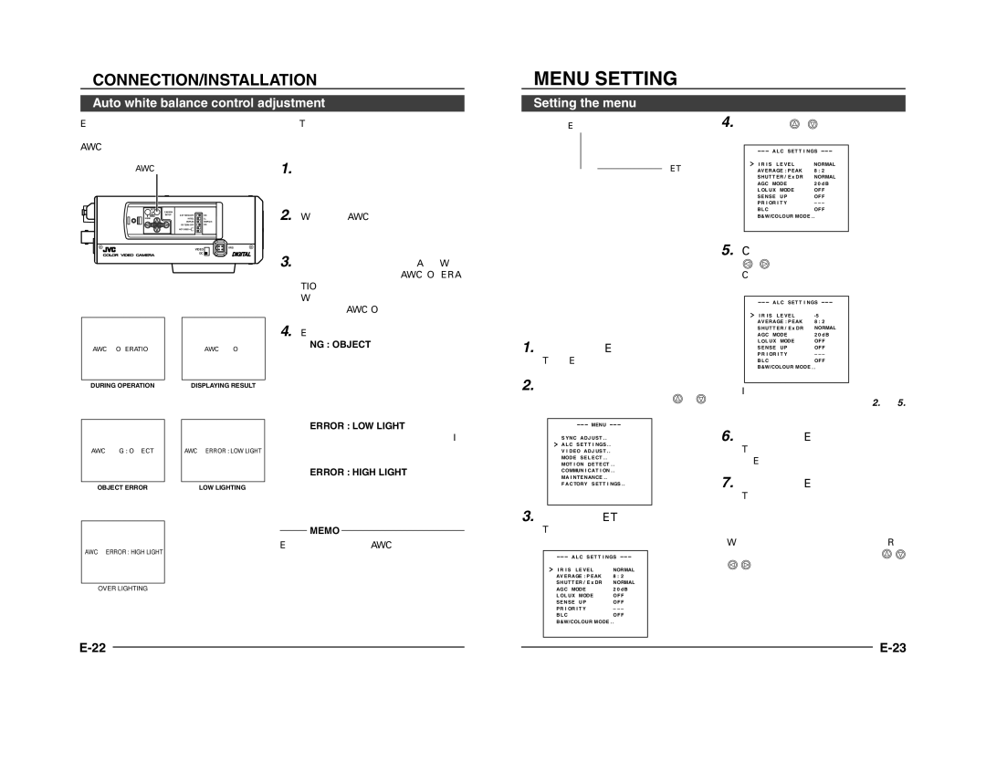 JVC TK-C1431 manual Menu Setting, Auto white balance control adjustment, Setting the menu 