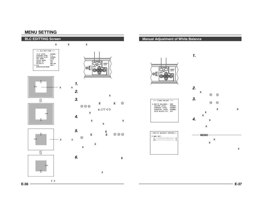 JVC TK-C1431 BLC Editting Screen, Manual Adjustment of White Balance, Upon completion of setting Press the Menu button 