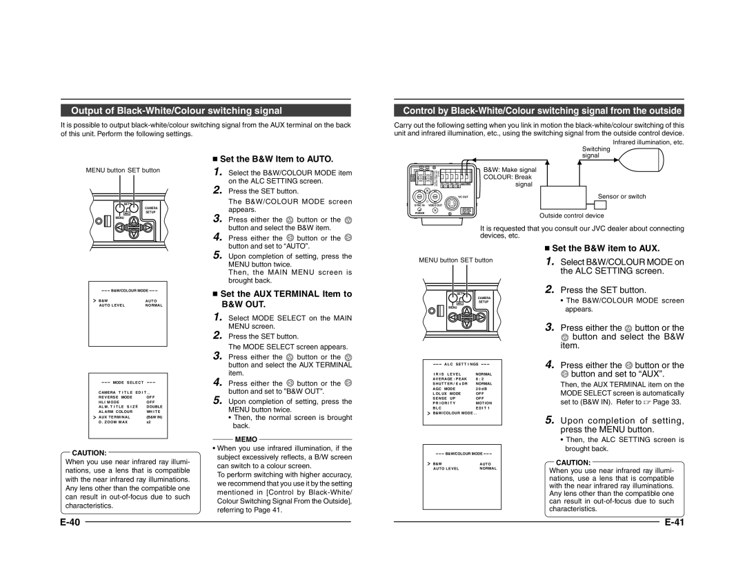 JVC TK-C1431 Output of Black-White/Colour switching signal,  Set the B&W Item to Auto,  Set the AUX Terminal Item to 