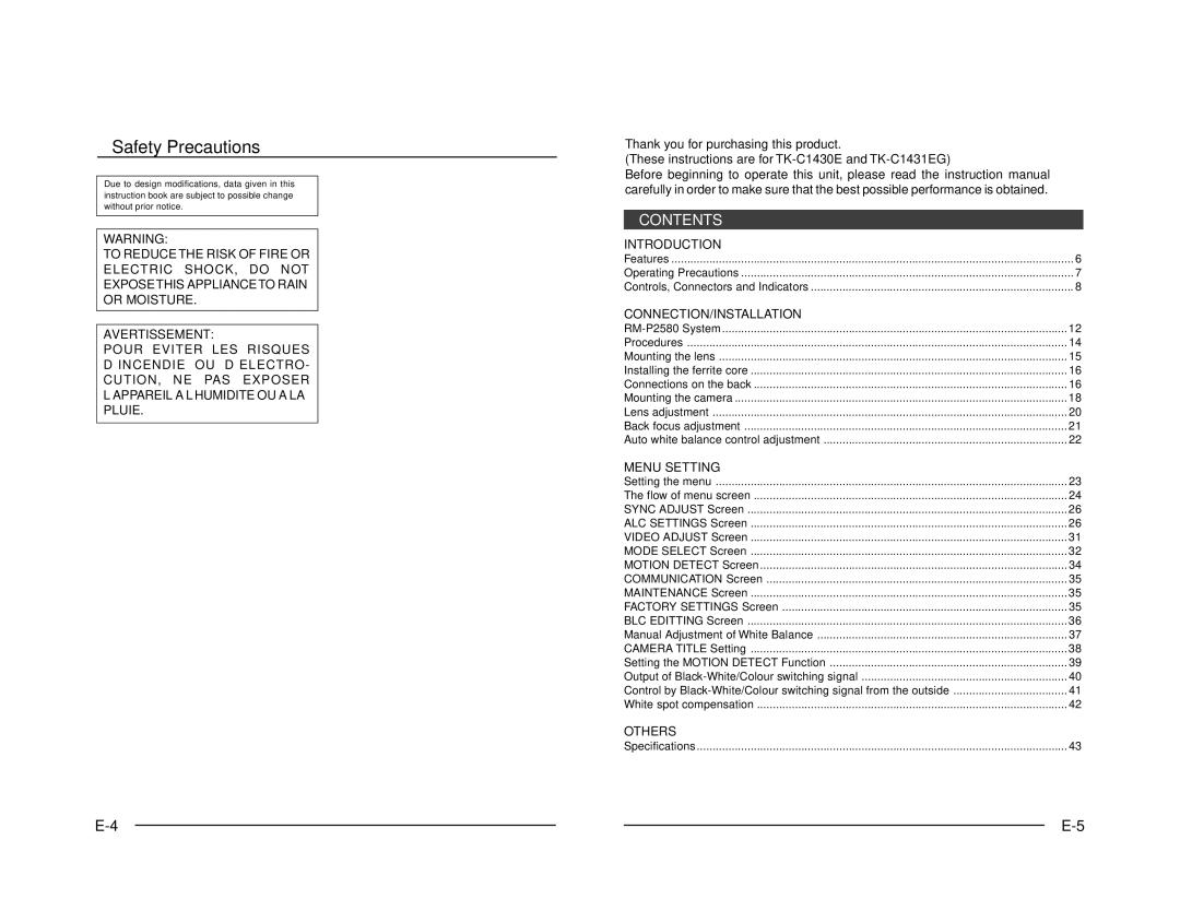 JVC TK-C1431 manual Safety Precautions 