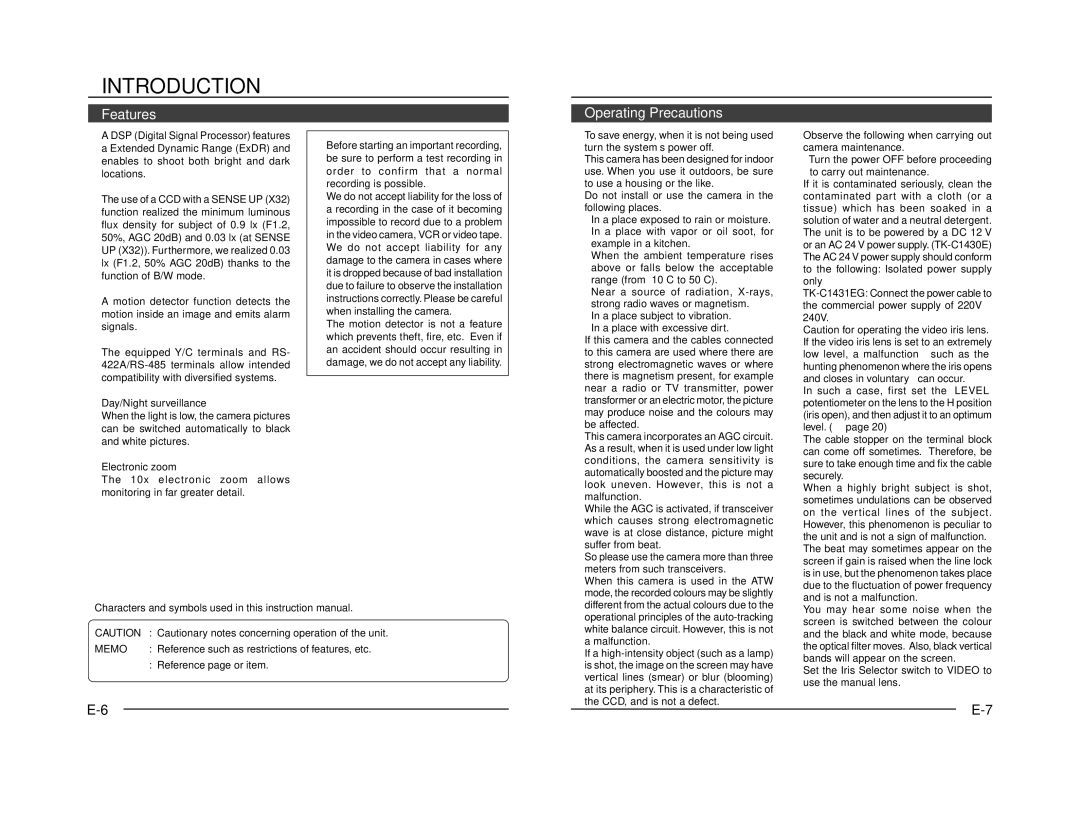 JVC TK-C1431 manual Introduction, Features, Operating Precautions, Memo 
