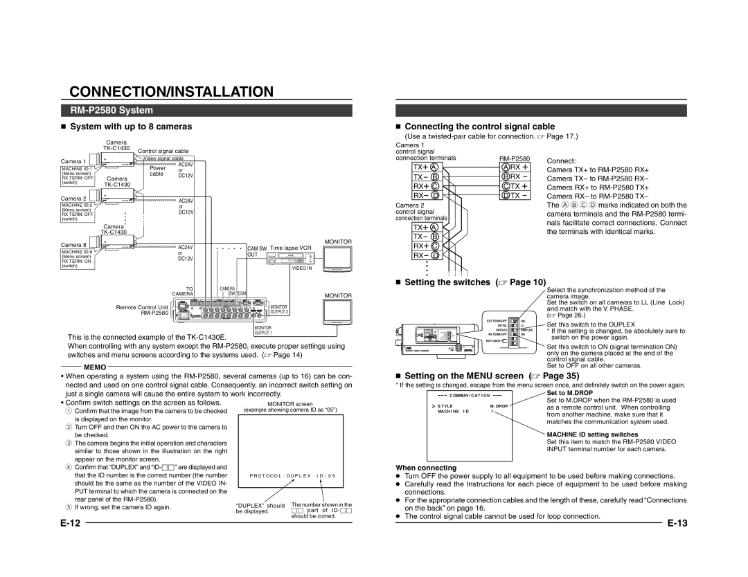 JVC TK-C1431 Connection/Installation, RM-P2580 System,  Setting the switches ,  Setting on the Menu screen , Memo 