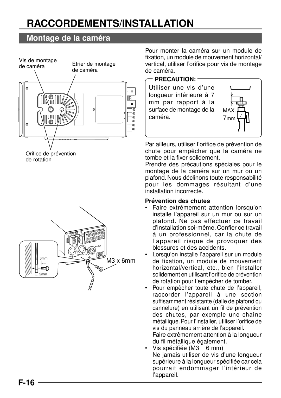 JVC TK-C1460 manual Montage de la camé ra, Caméra, Pré vention des chutes, Vis spécifiée M3 ⋅ 6 mm 