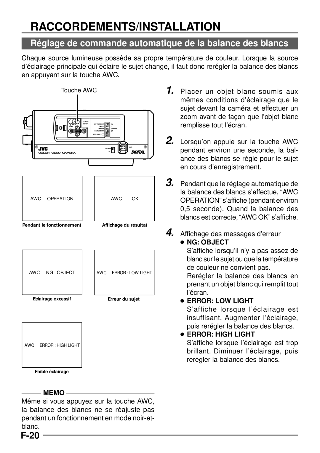 JVC TK-C1460 manual Ré glage de commande automatique de la balance des blancs, Affichage des messages d’erreur, Touche AWC 