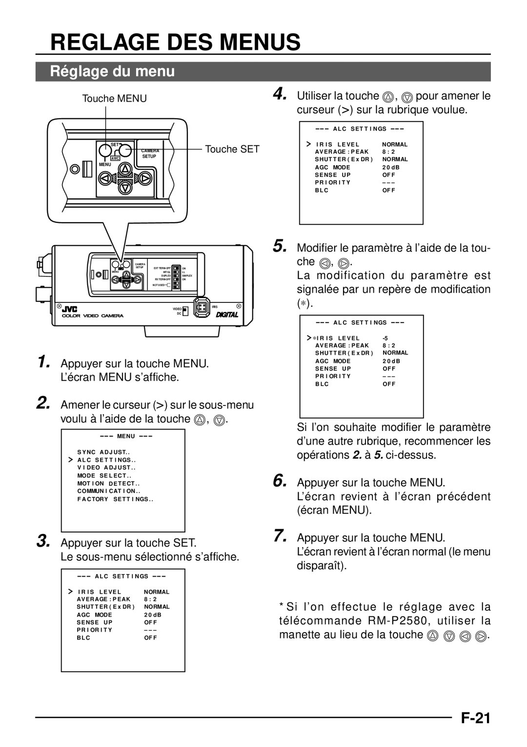 JVC TK-C1460 manual Reglage DES Menus, Réglage du menu, Utiliser la touche , pour amener le 