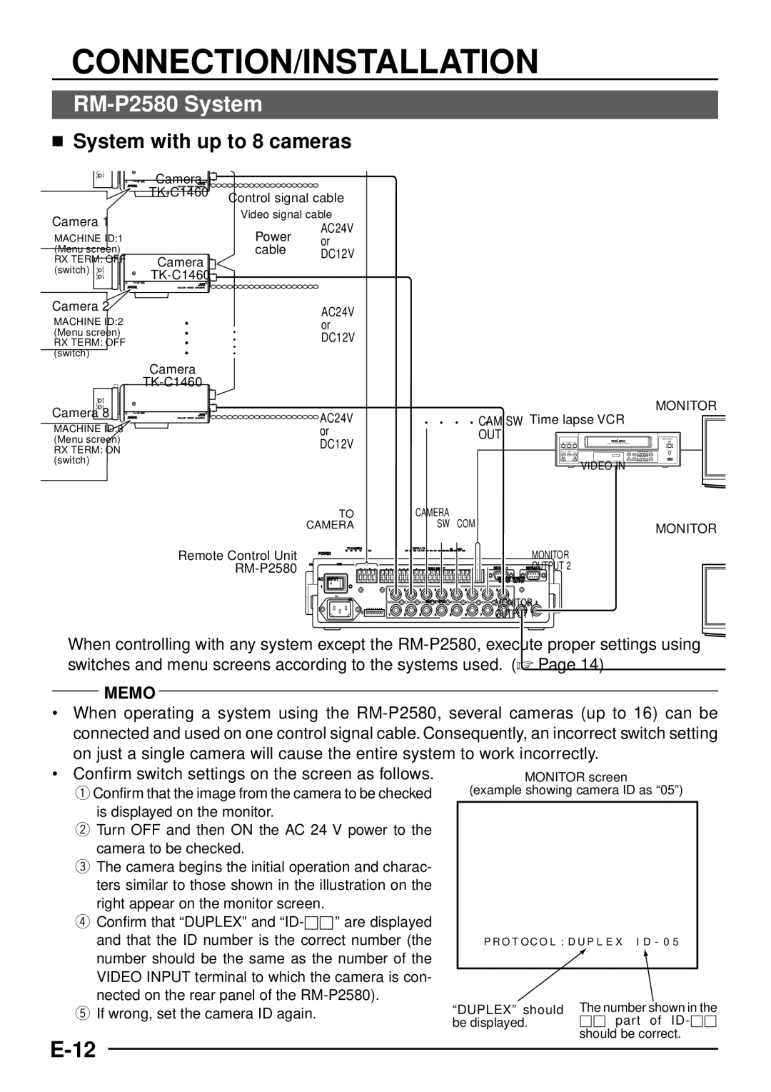 JVC TK-C1460 manual Connection/Installation, RM-P2580 System,  System with up to 8 cameras 