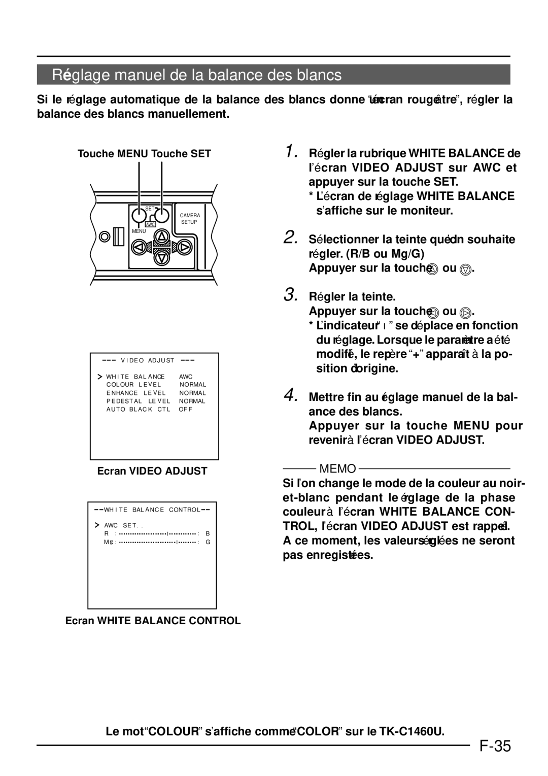 JVC TK-C1460 manual Ré glage manuel de la balance des blancs, Ecran Video Adjust, Ecran White Balance Control 