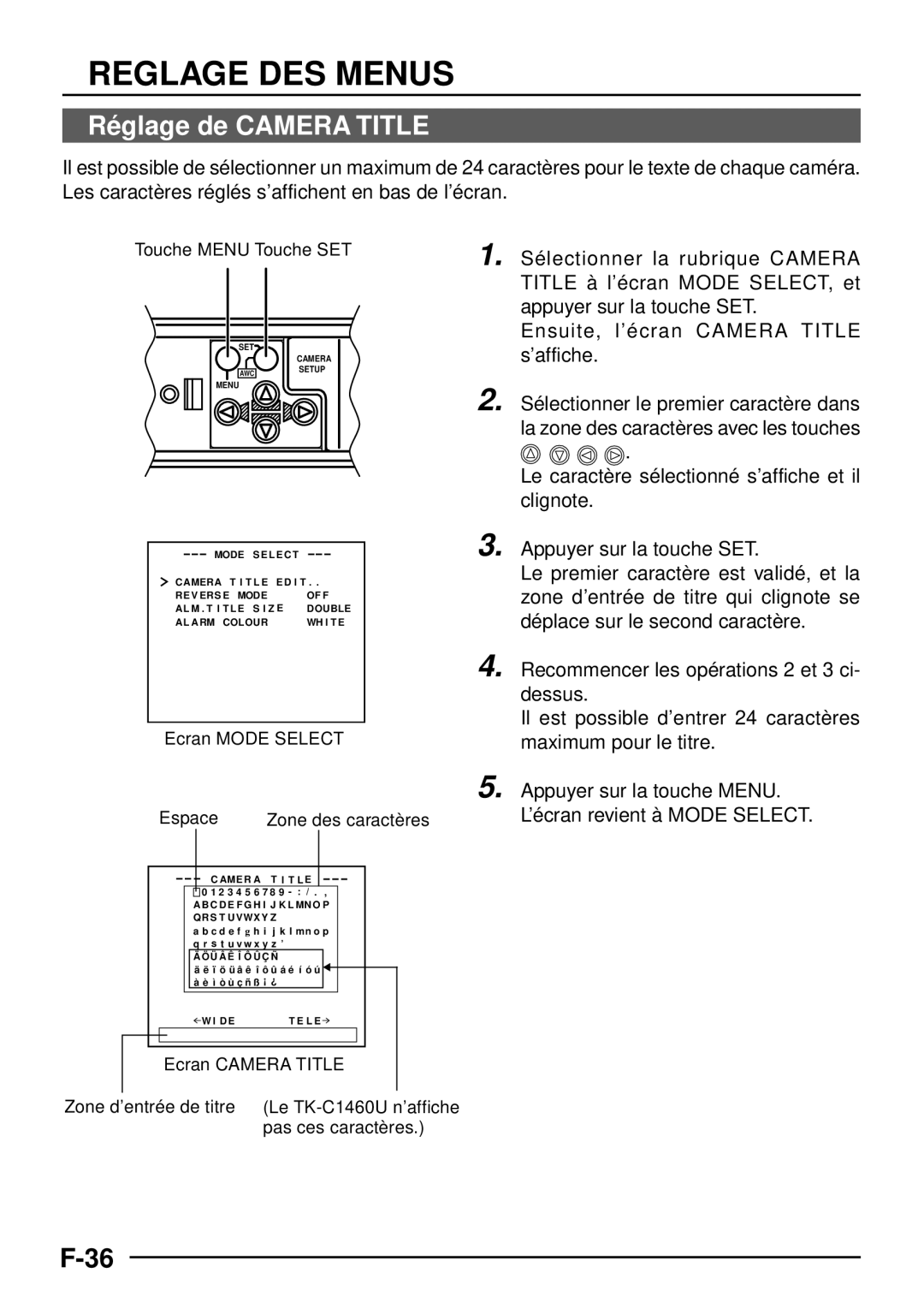 JVC TK-C1460 manual Ré glage de Camera Title, Ecran Mode Select Espace Zone des caractères 