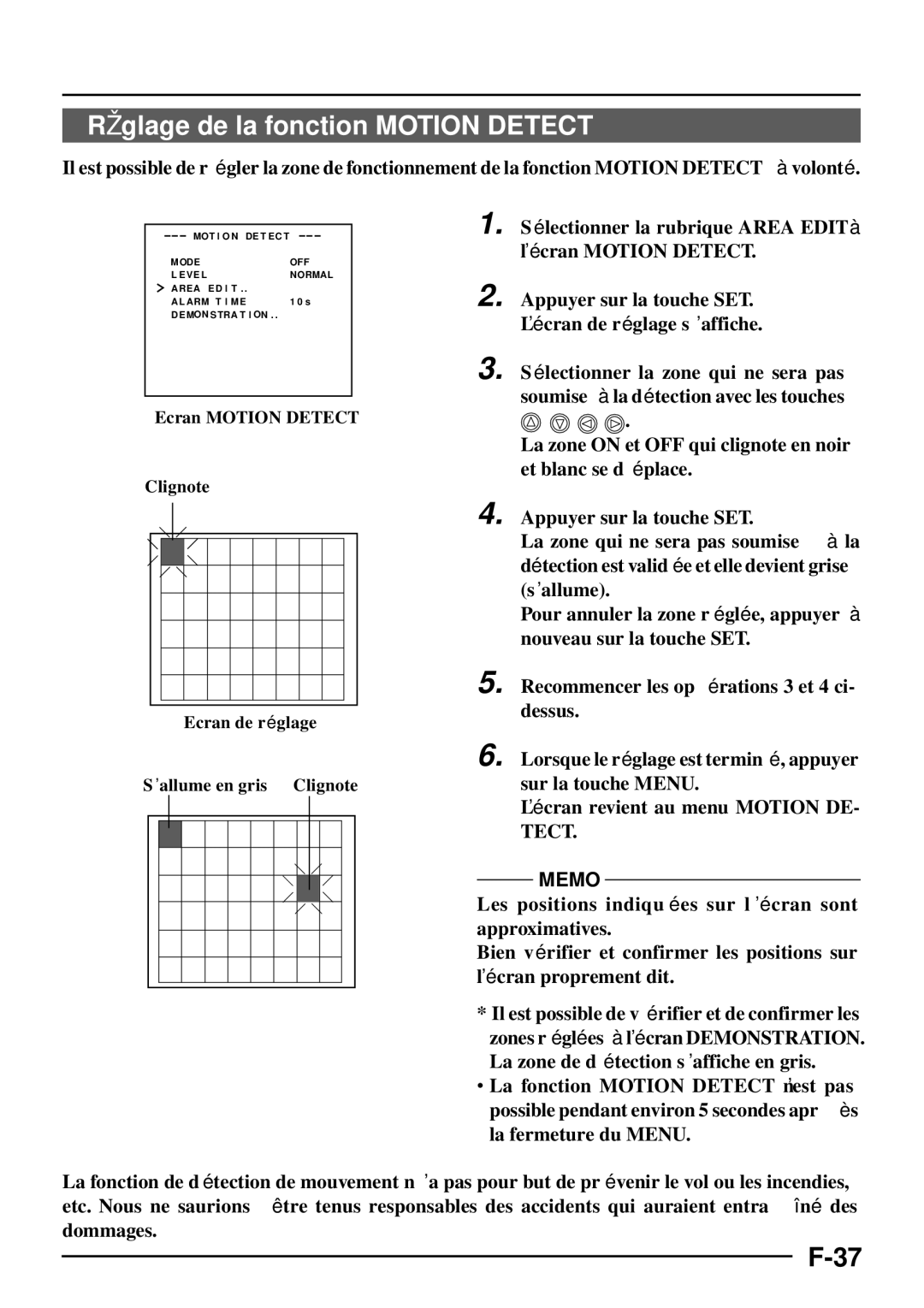 JVC TK-C1460 manual Ré glage de la fonction Motion Detect, Sélectionner la rubrique Area Edit à l’écran Motion Detect 