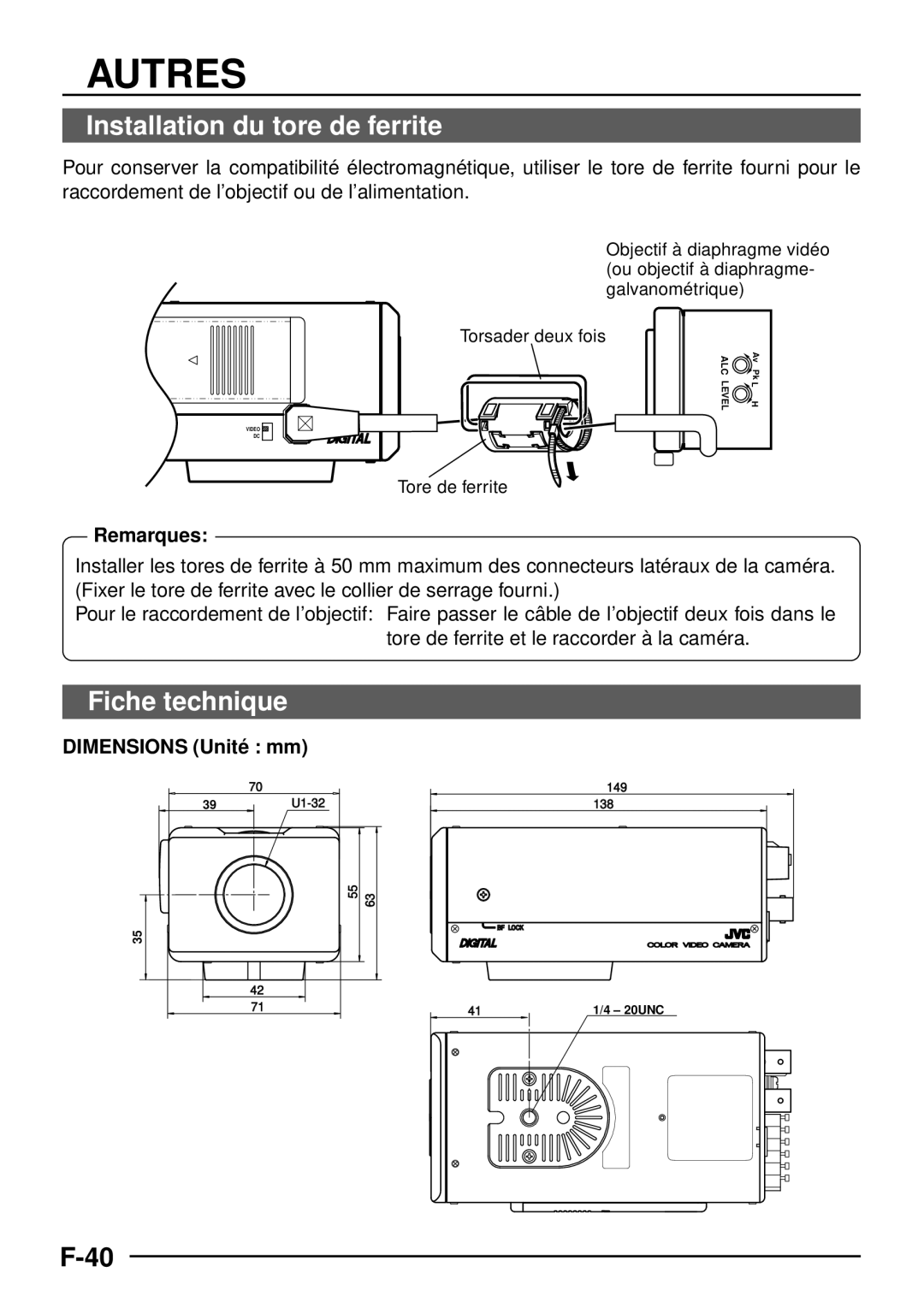 JVC TK-C1460 manual Autres, Installation du tore de ferrite, Fiche technique, Remarques, Dimensions Unité mm 