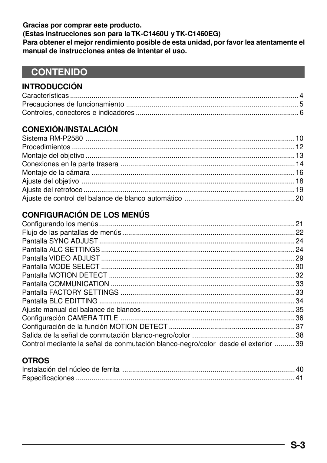 JVC TK-C1460 manual Contenido, Instalación del núcleo de ferrita Especificaciones 