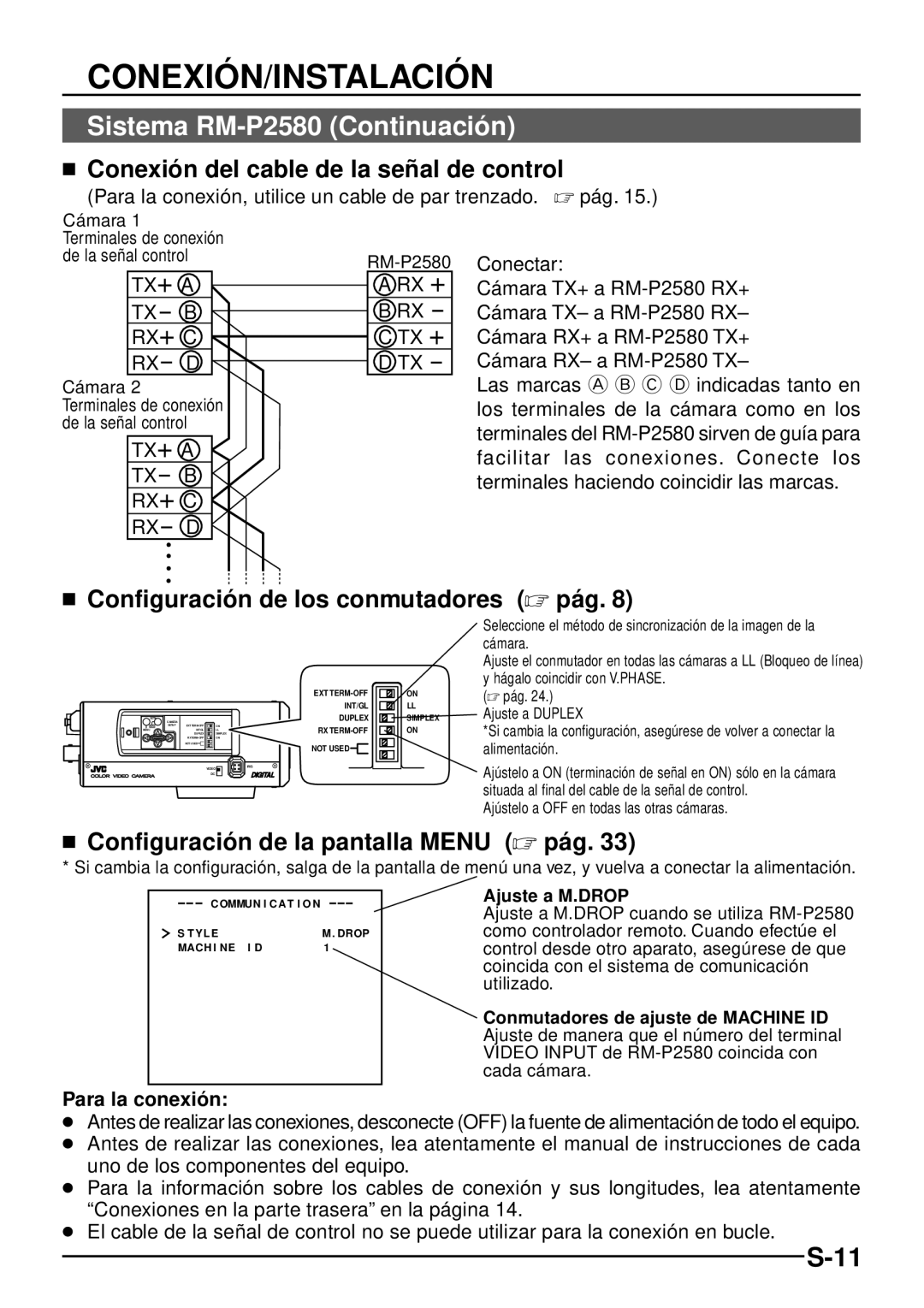 JVC TK-C1460 manual Conexió N/INSTALACIÓ N, Sistema RM-P2580 Continuació n,  Conexió n del cable de la señ al de control 